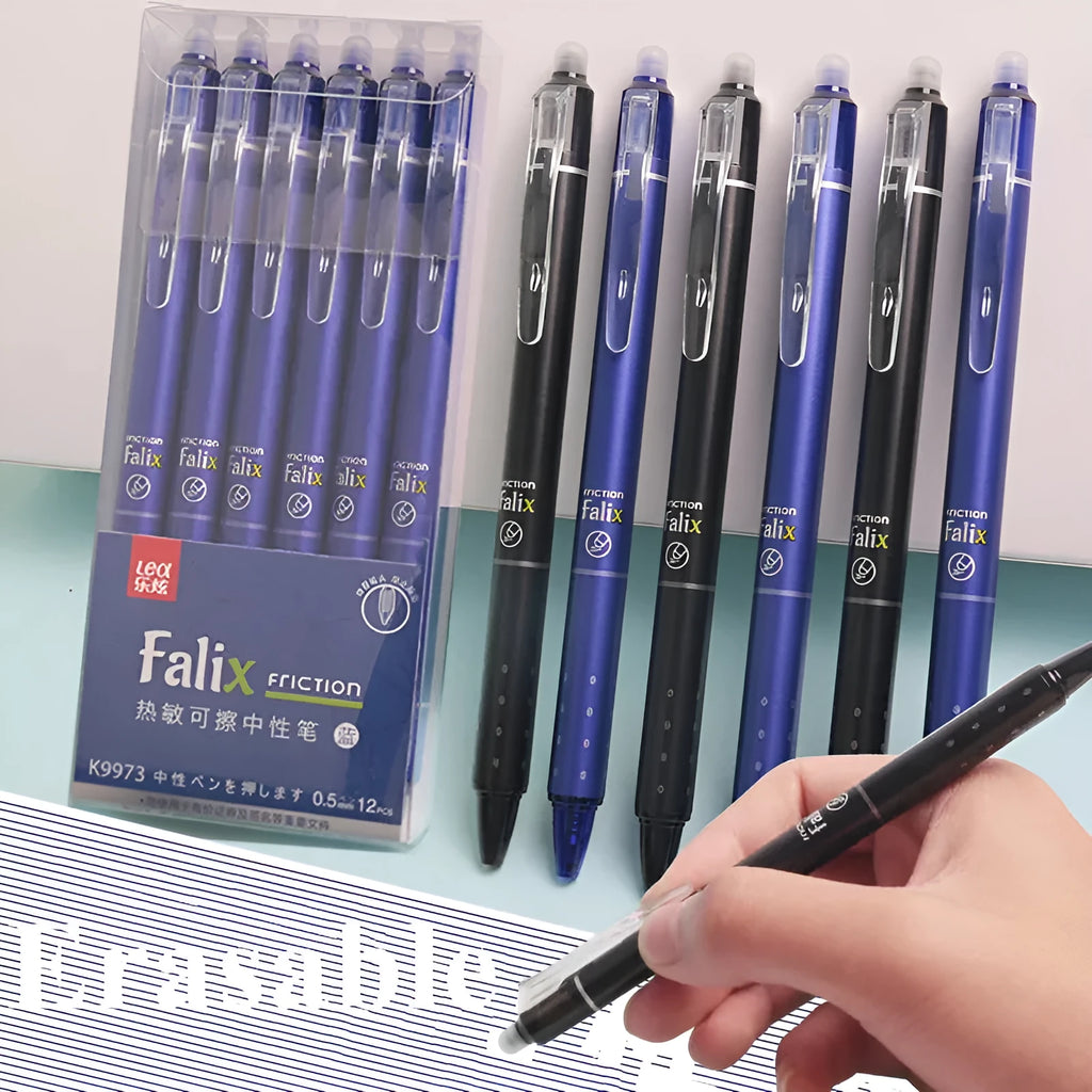 Hot erasable gel pen with 0.5mm stainless steel nib and plastic shell in blue or black refill options