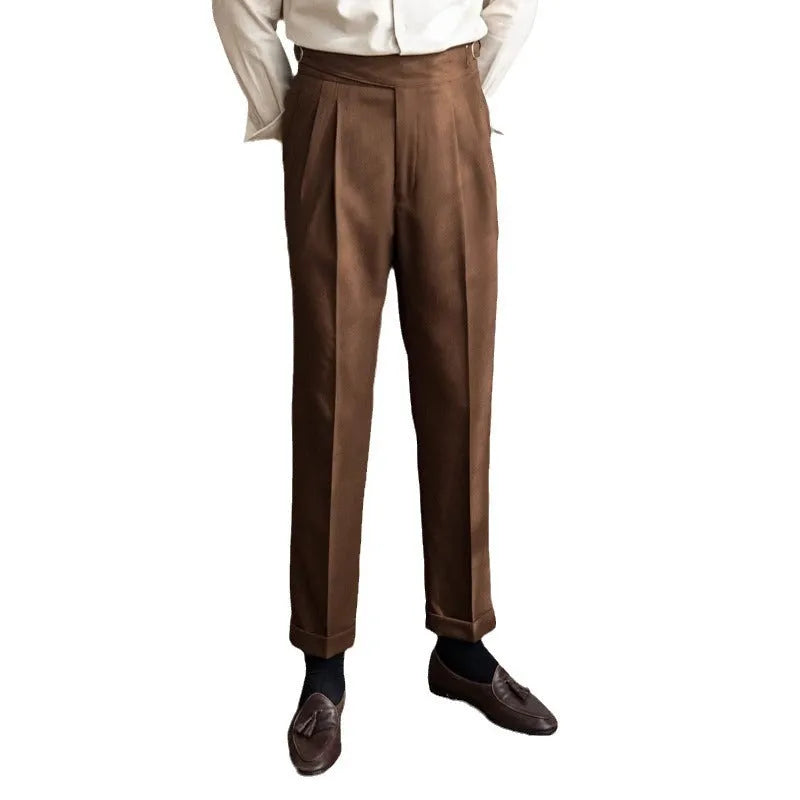 Men's high waist straight leg casual trousers in black polyester fabric