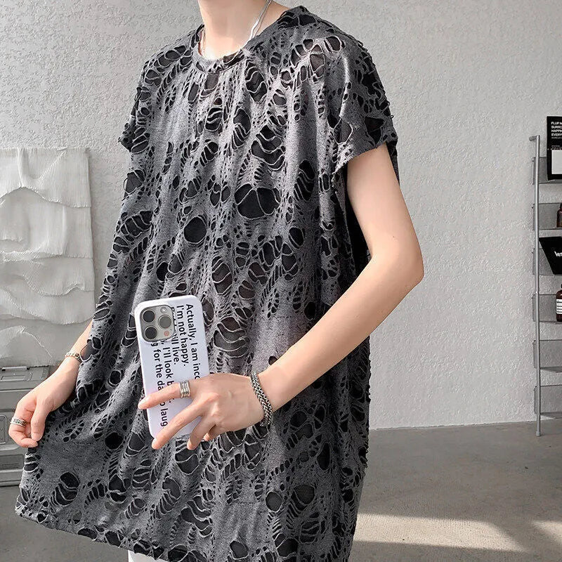 Black ripped beggar sleeveless wide shoulder vest loose pullover Japanese retro hole design polyester fibre top