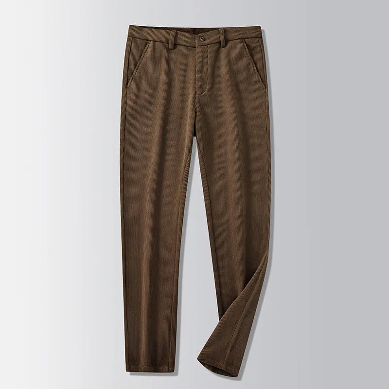 British retro style straight-leg striped trousers in a neutral colour on a hanger.