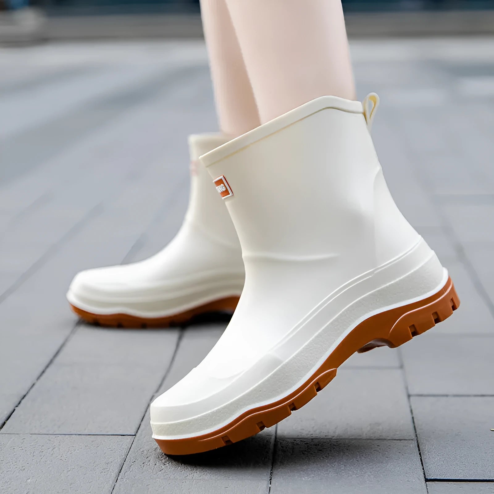 Women's non-slip waterproof rubber shoes, black solid colour, flat heel, low tube design