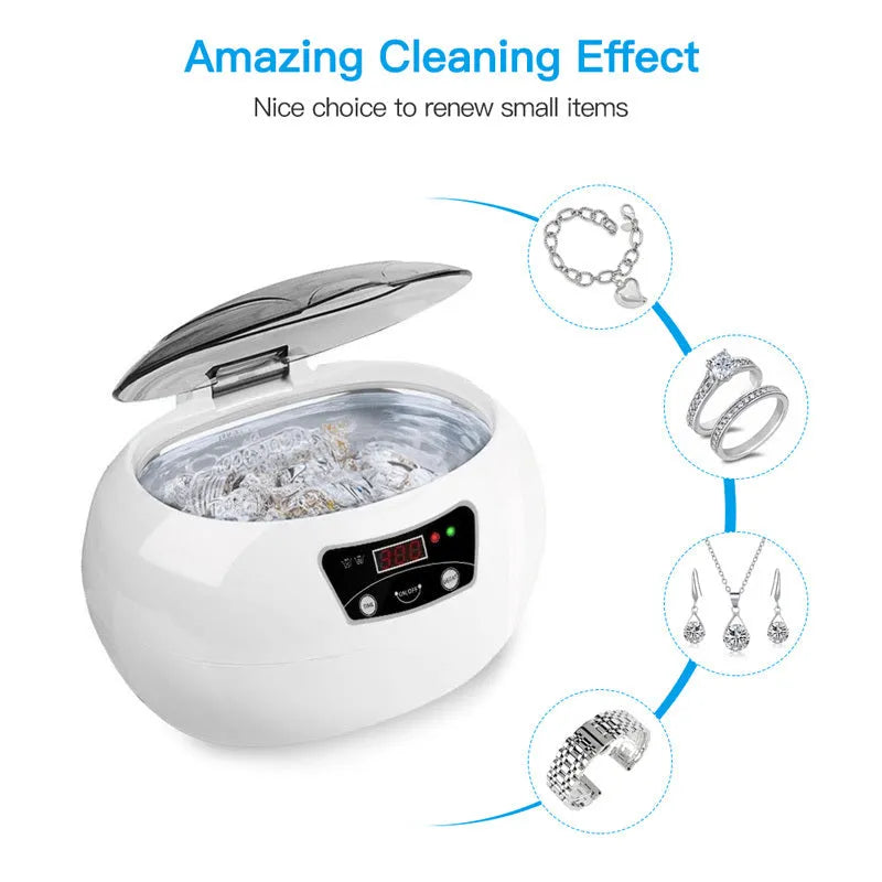 White blue ultrasonic cleaning machine for home use, 20.6cm x 15.2cm x 13.2cm, with digital control panel on a kitchen counter