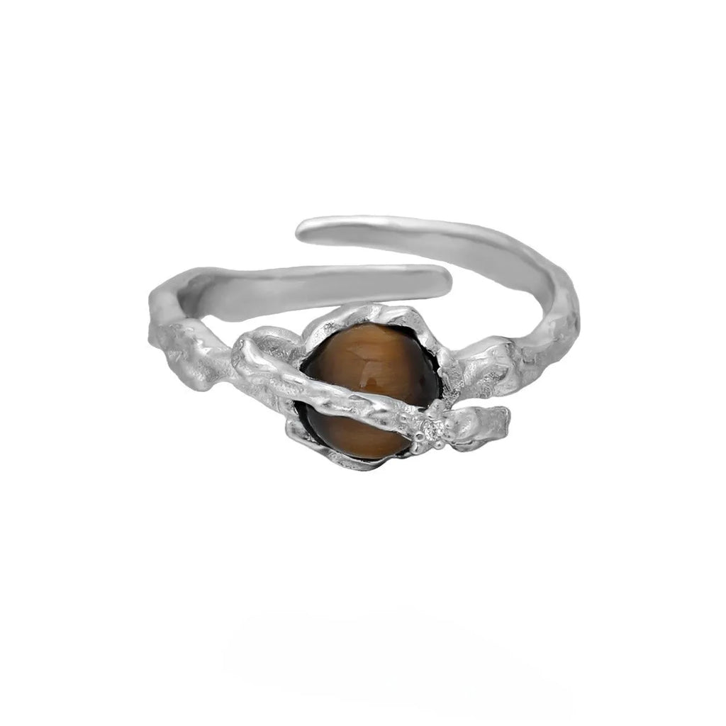 Saturn-inspired adjustable open ring with white gold electroplated finish and silver base