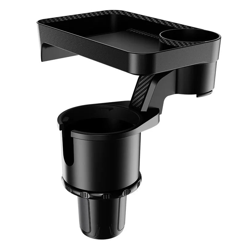 Black car-mounted rotating dinner tray holder with cup holder attachment