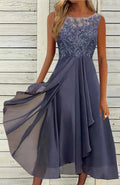Women's sleeveless green chiffon dress with lace hollow-out detail, mid-length princess style