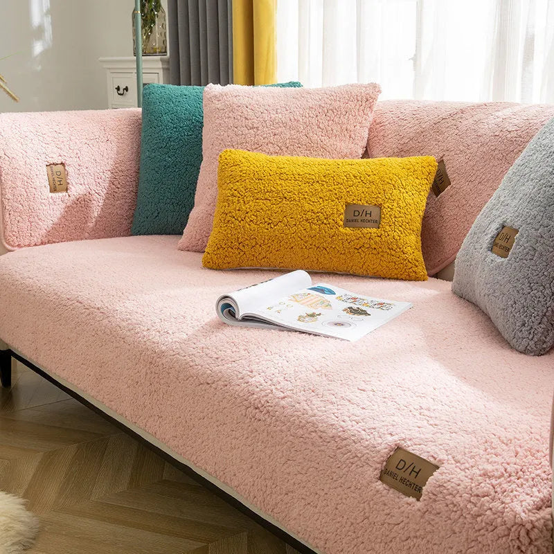Modern solid colour thicken plush sofa cover with anti-slip backing, lamb velvet texture, beige colour