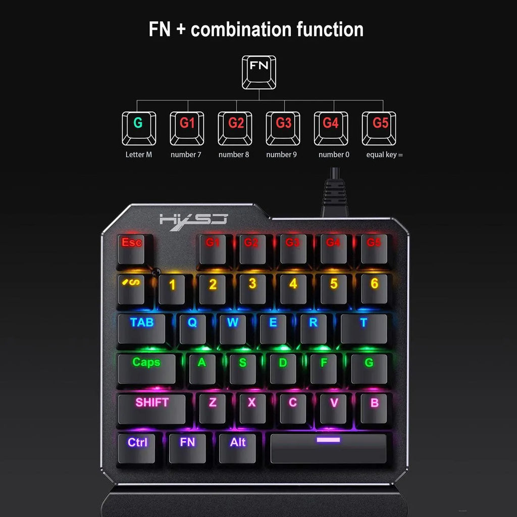 Mini one-handed mechanical gaming keyboard with 35 keys, seven-color backlight, and hand rest on desk