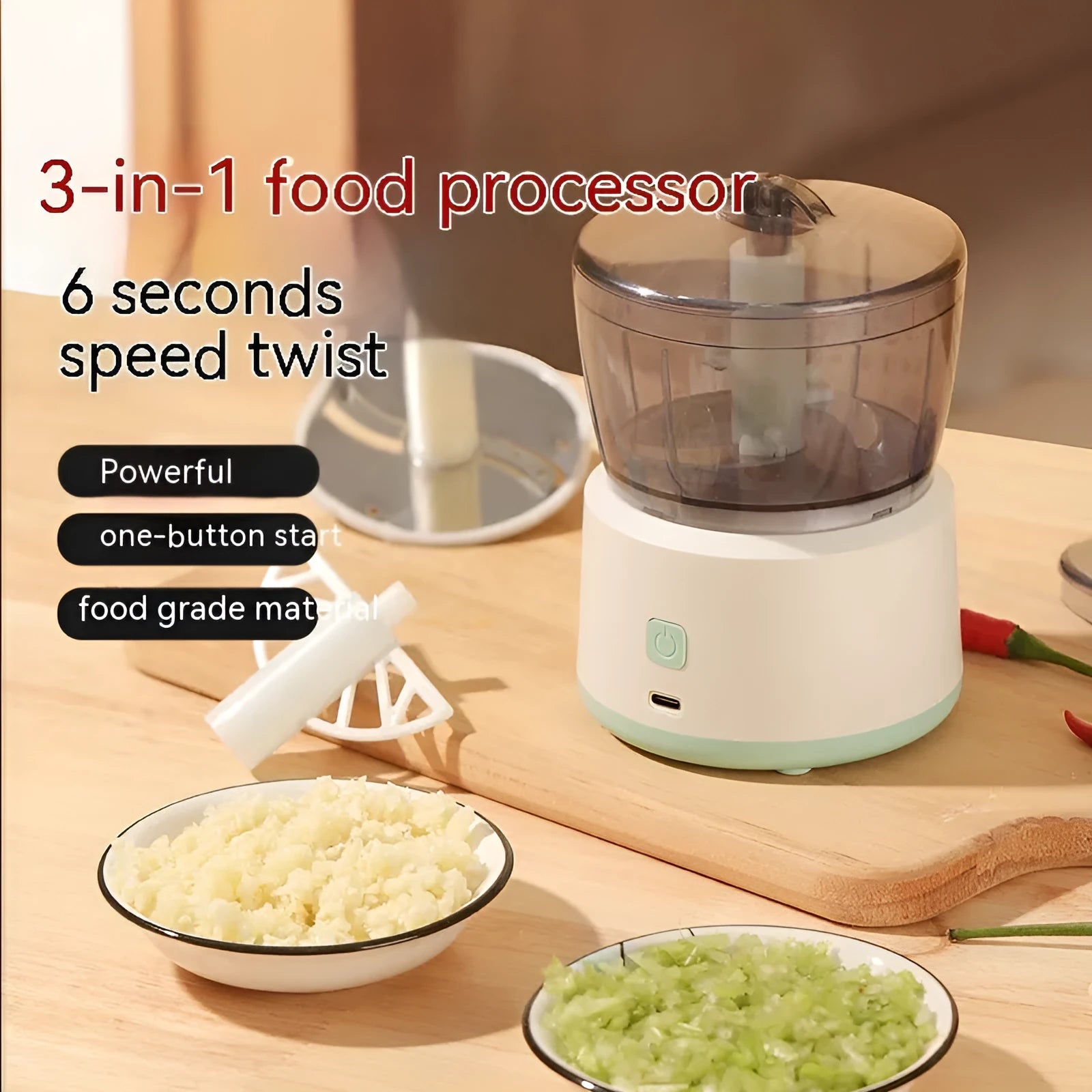 Mini meat grinder with white body, transparent 225ml cup, and anti-slip base on a kitchen countertop