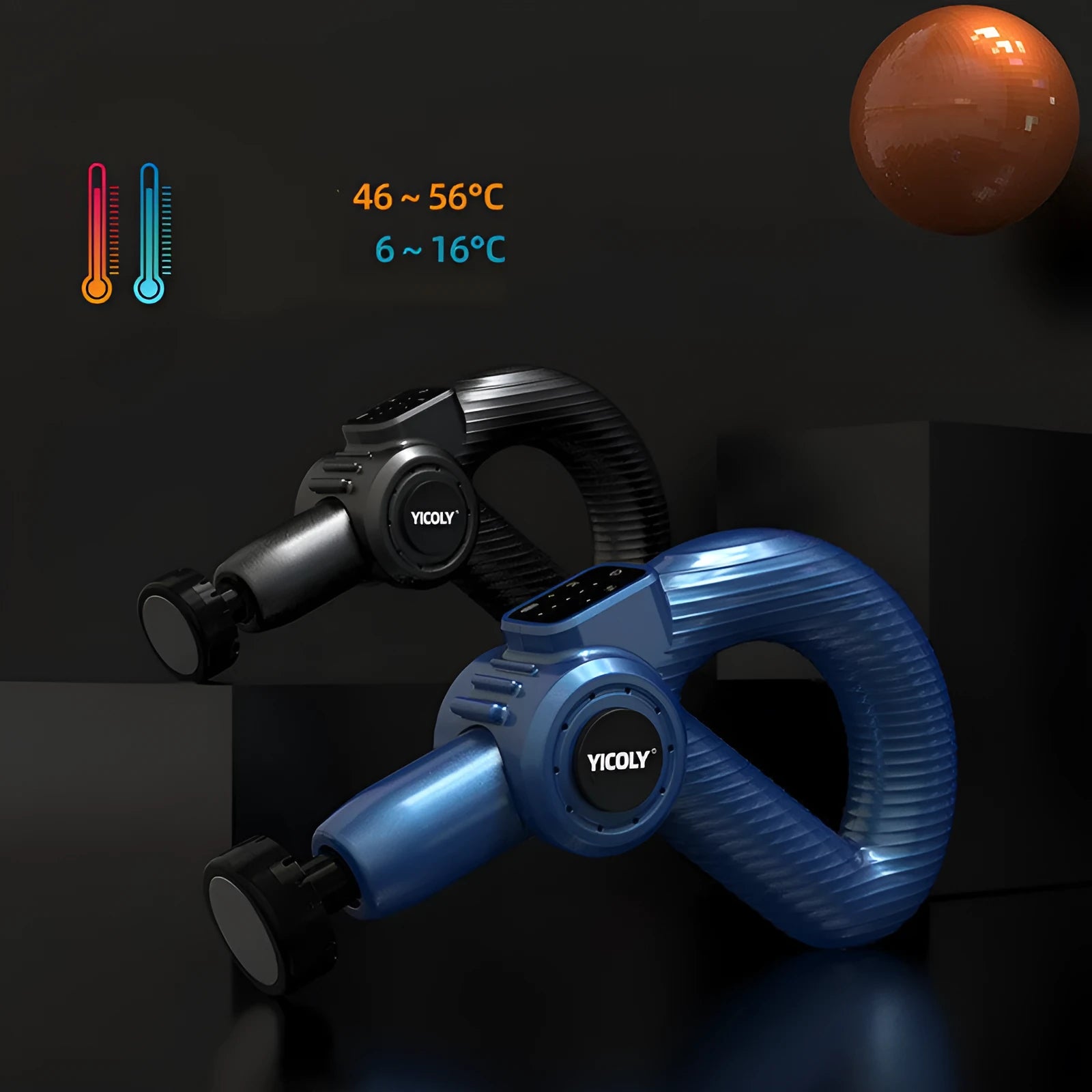 Black smart muscle massage gun with display, attached massage head, and additional heads on a table.