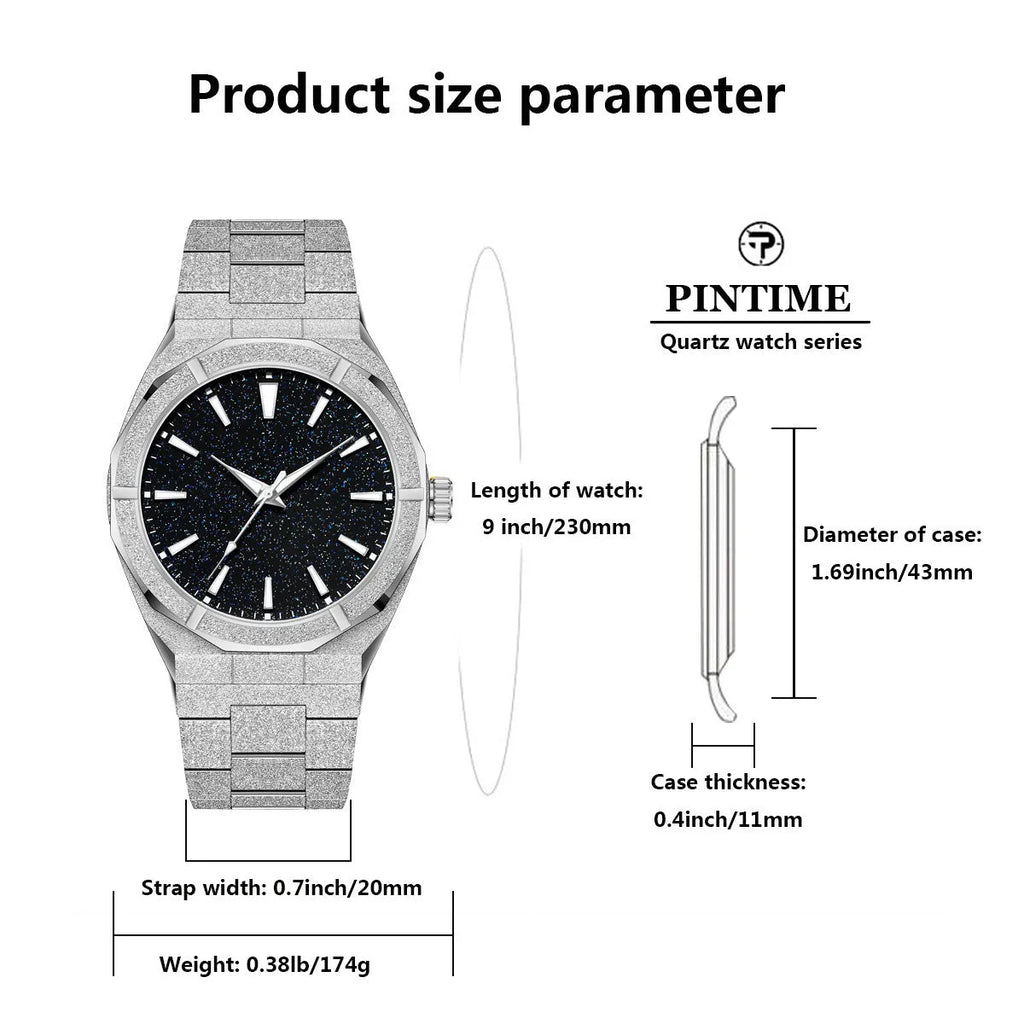 Business men's watch with frosted stainless steel case and luminous markers in silver, gold, or black colour options