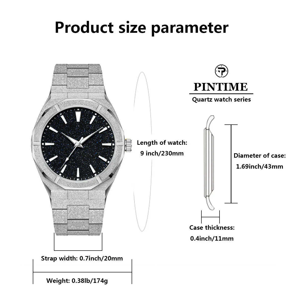 Business men's watch with frosted stainless steel case and luminous markers in silver, gold, or black colour options