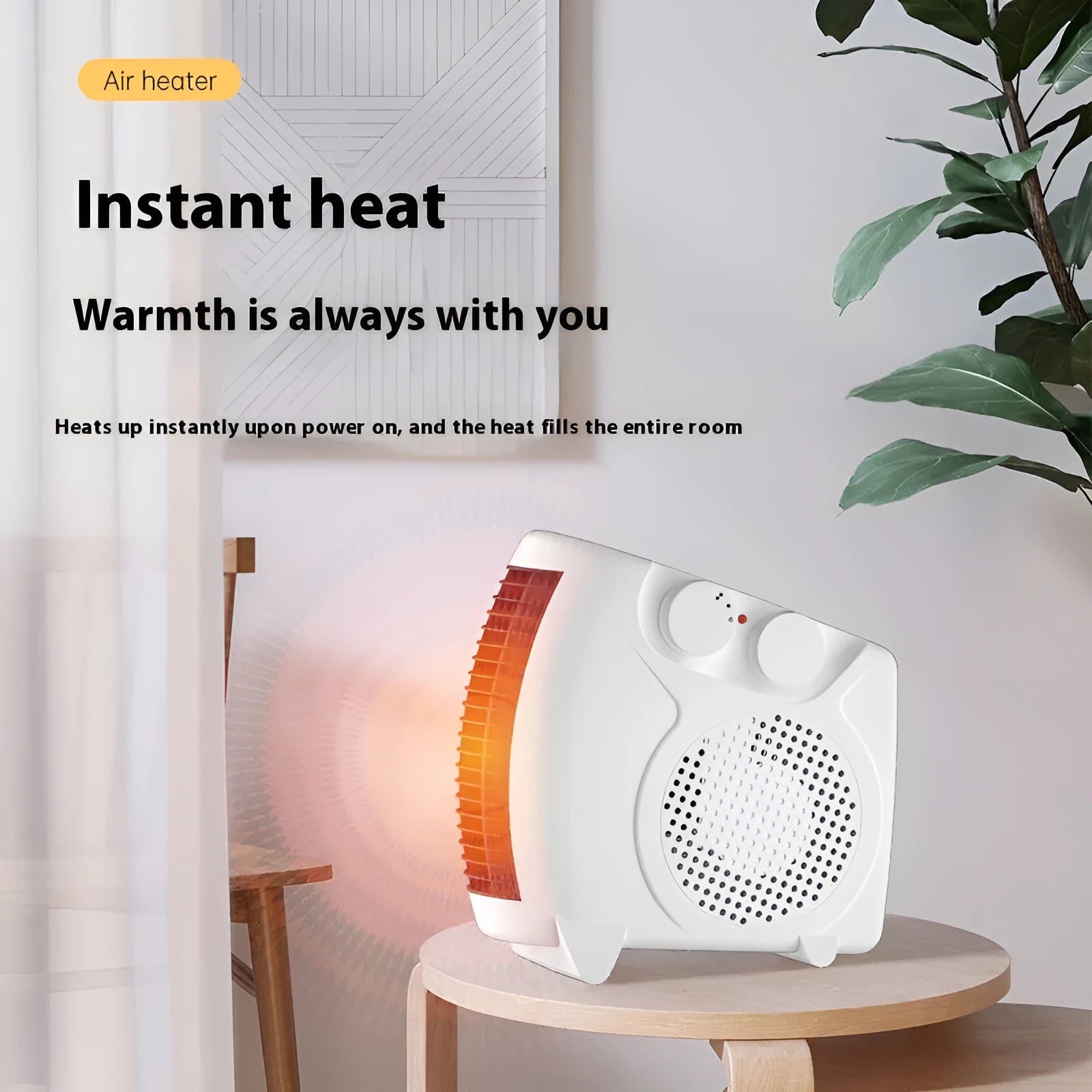 Small white desktop electric warm air blower heater with power controls.