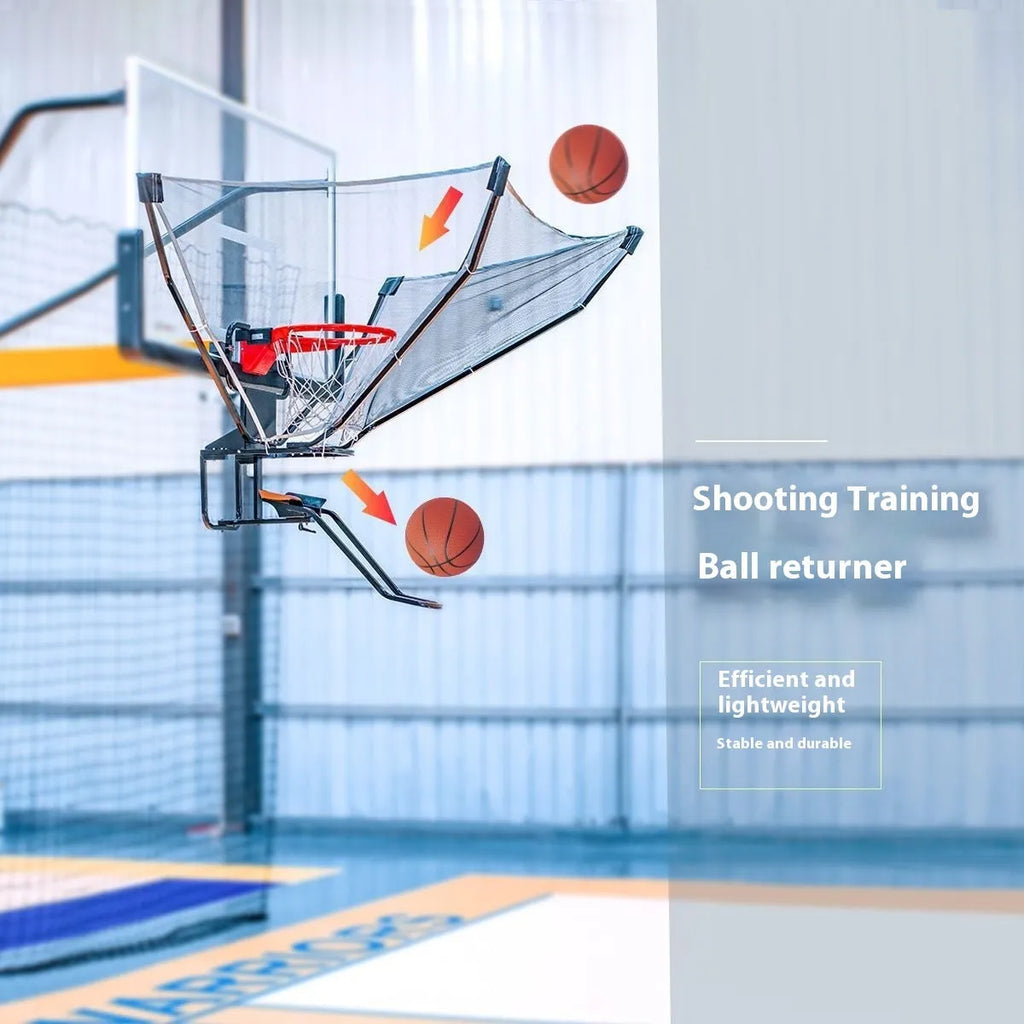 Automatic basketball pitching trainer with hanging ball return net for solo practice