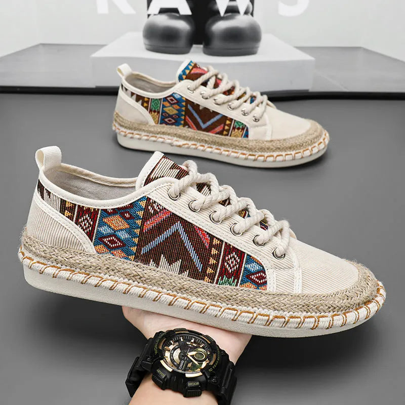 Men's summer breathable casual shoes with cloth upper in beige colour, round toe design