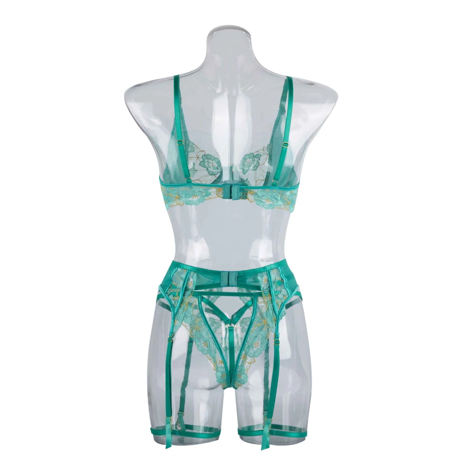 Women's embroidery bra set in light green polyester with three-point bra and matching tights