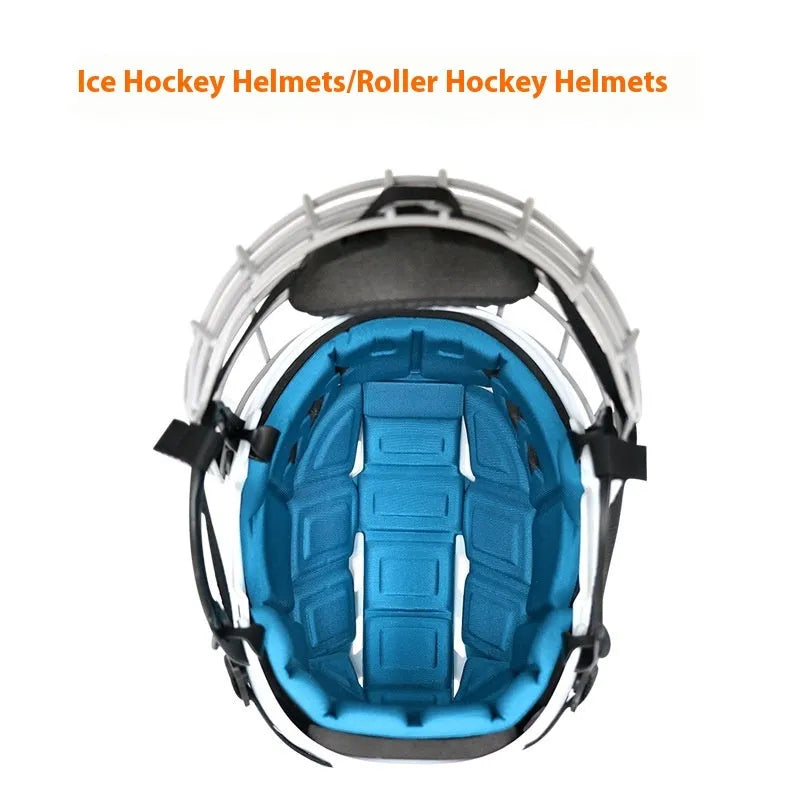 Ice hockey helmet with carbon steel face mask showing impact-resistant shell and cushioned lining