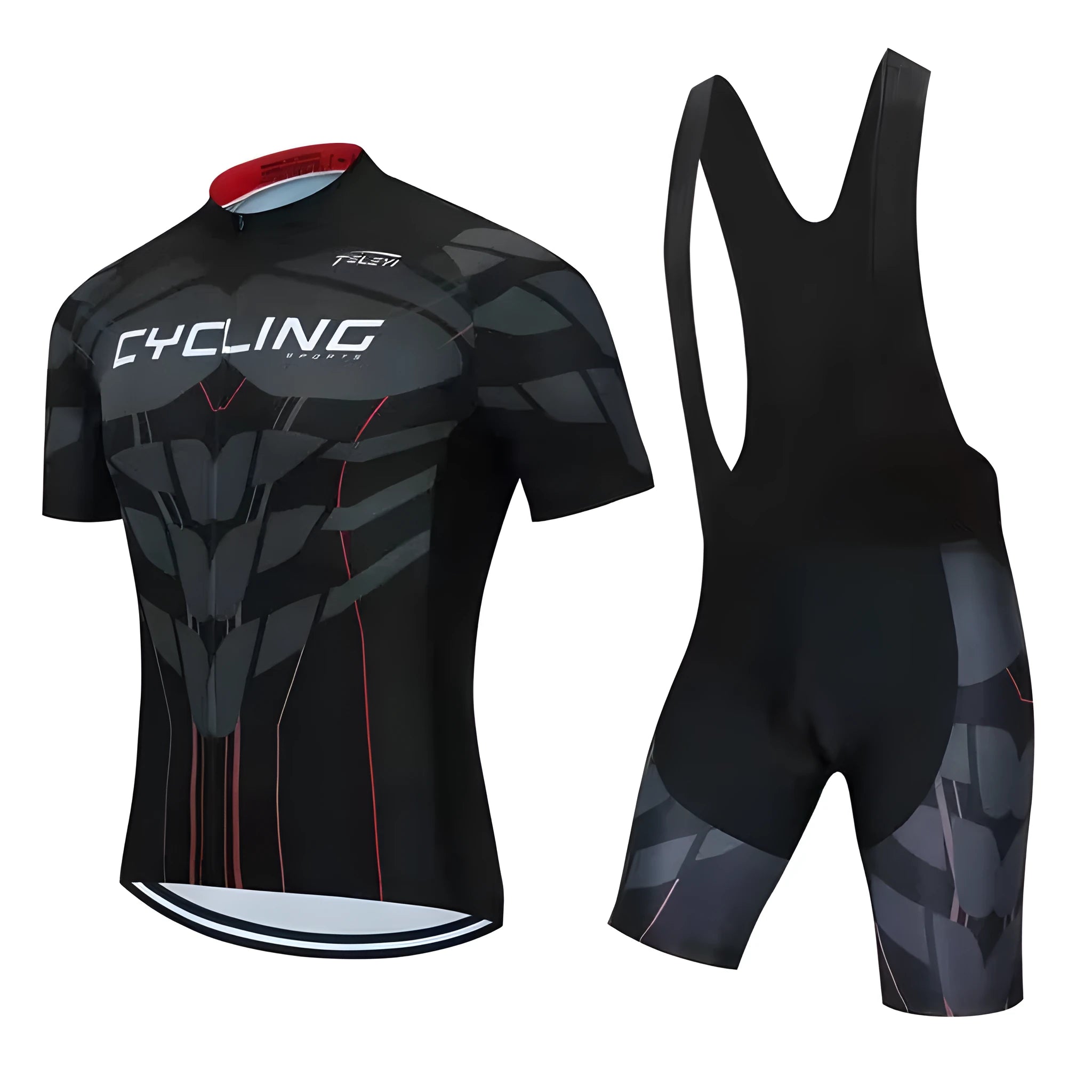 A man and woman wearing a matching moisture-wicking cycling jersey and shorts set for summer biking.