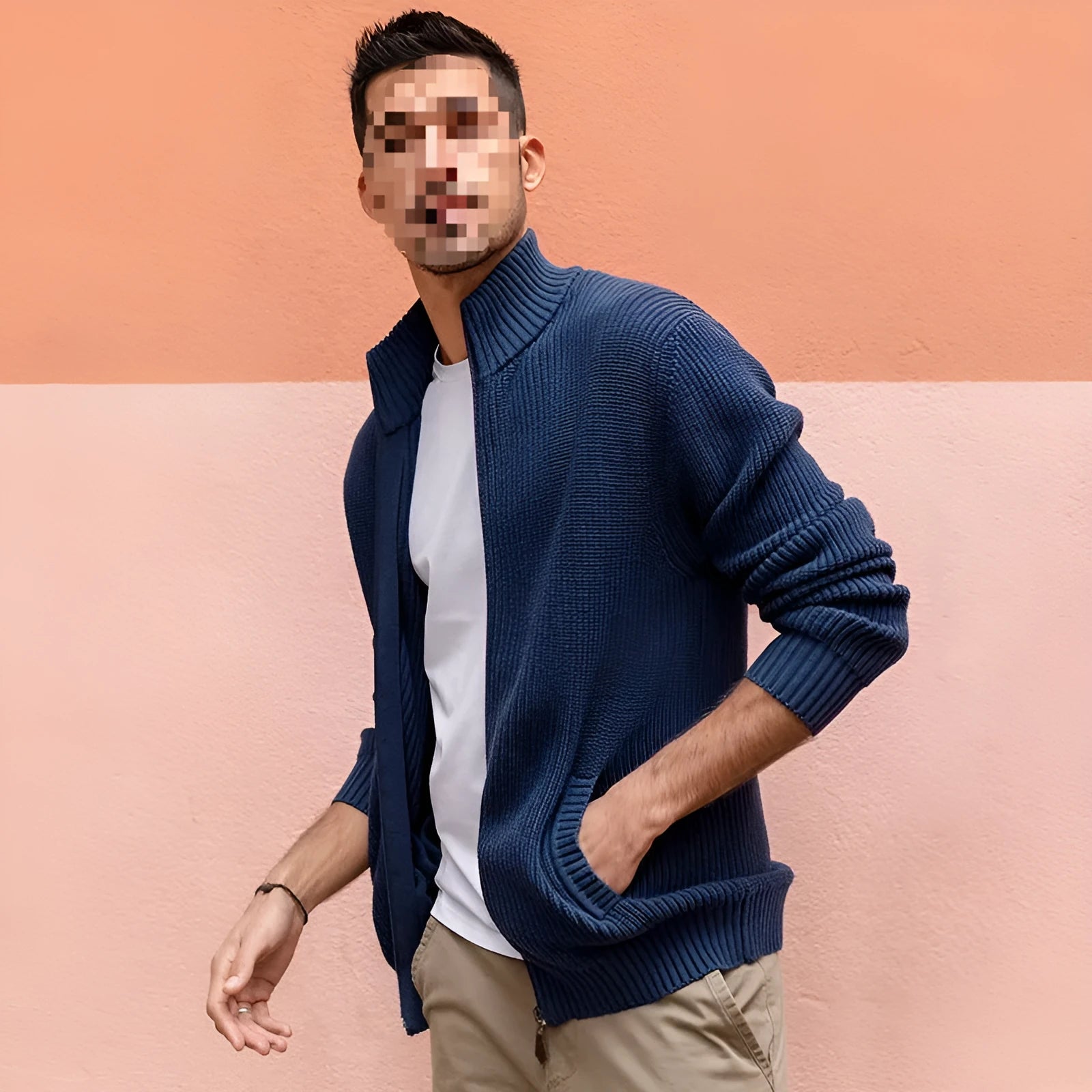 Men's half-high collar batwing sleeve cardigan in sapphire blue, slim fit spandex blend jacket
