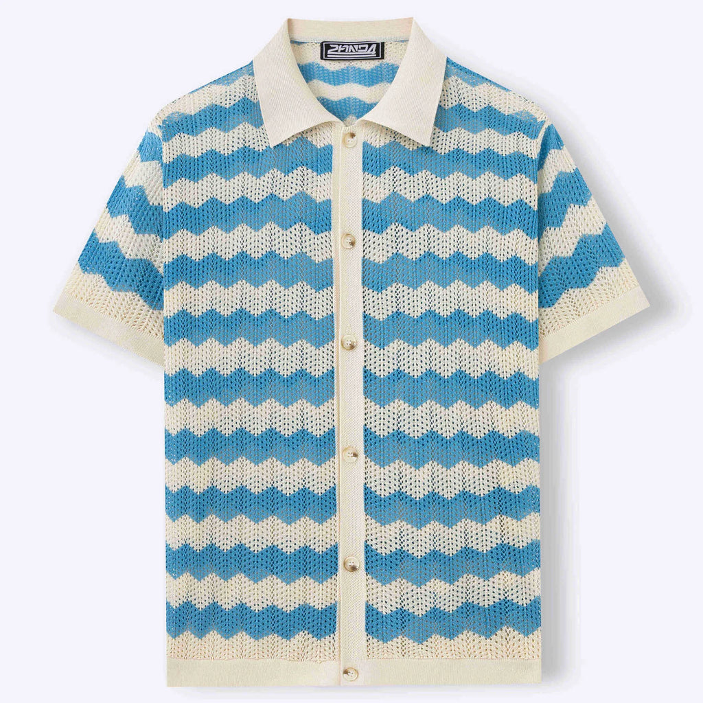 Short sleeve summer sweater with corrugated jacquard texture in blue, brown, or yellow