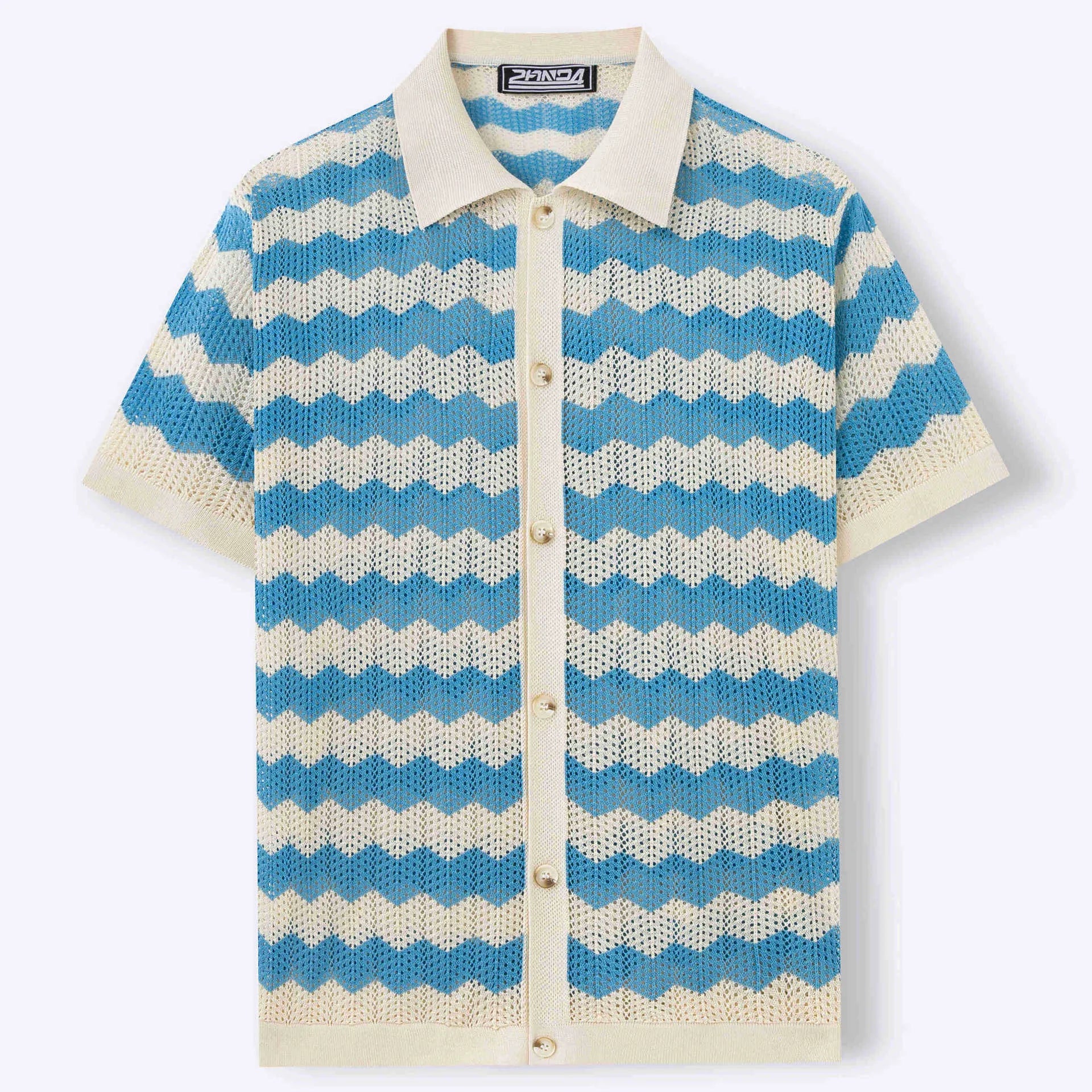 Short sleeve summer sweater with corrugated jacquard texture in blue, brown, or yellow
