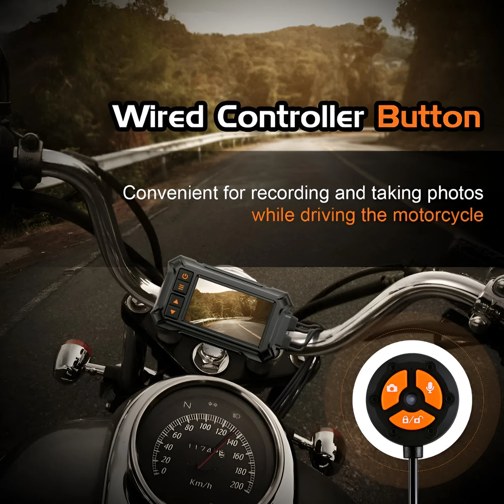3 inch WIFI motorcycle dash cam with front and rear lenses, GPS module, and waterproof housing.
