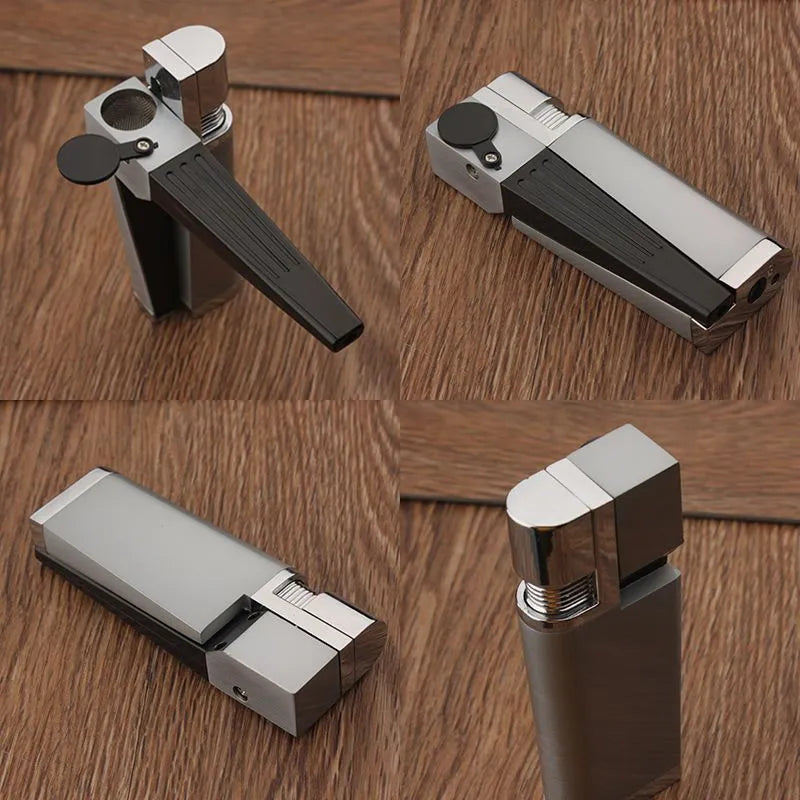 Pipe lighter 2-in-1 foldable metal butane lighter with square cover, zinc alloy and ABS construction