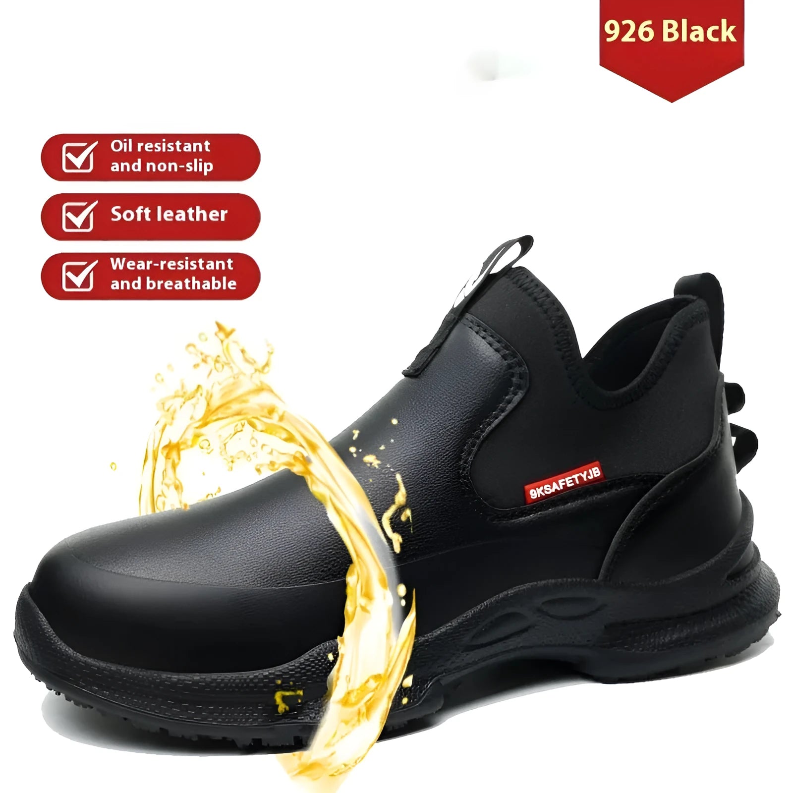 Black men's high-cut work shoes with puncture-resistant rubber soles for kitchen and industrial safety