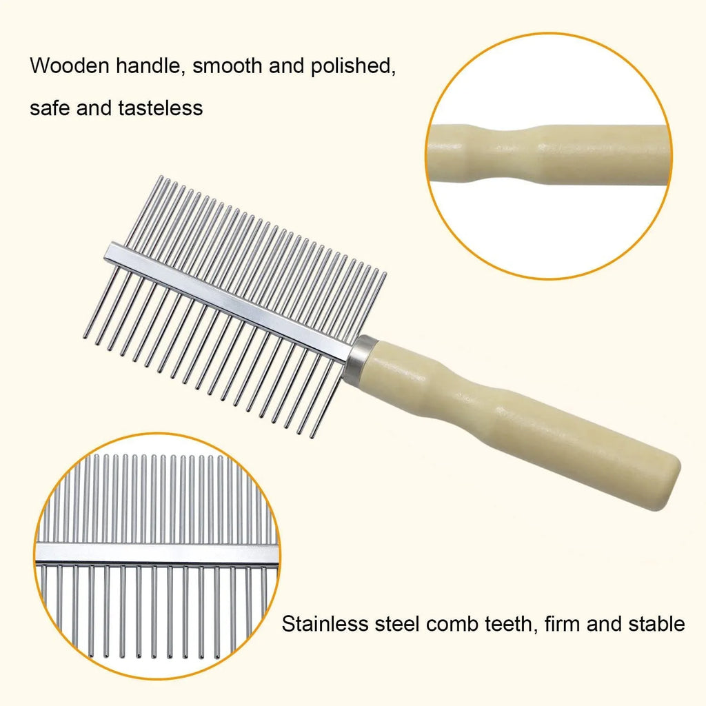 Wooden handle pet grooming comb for dogs and cats, showing rounded teeth.