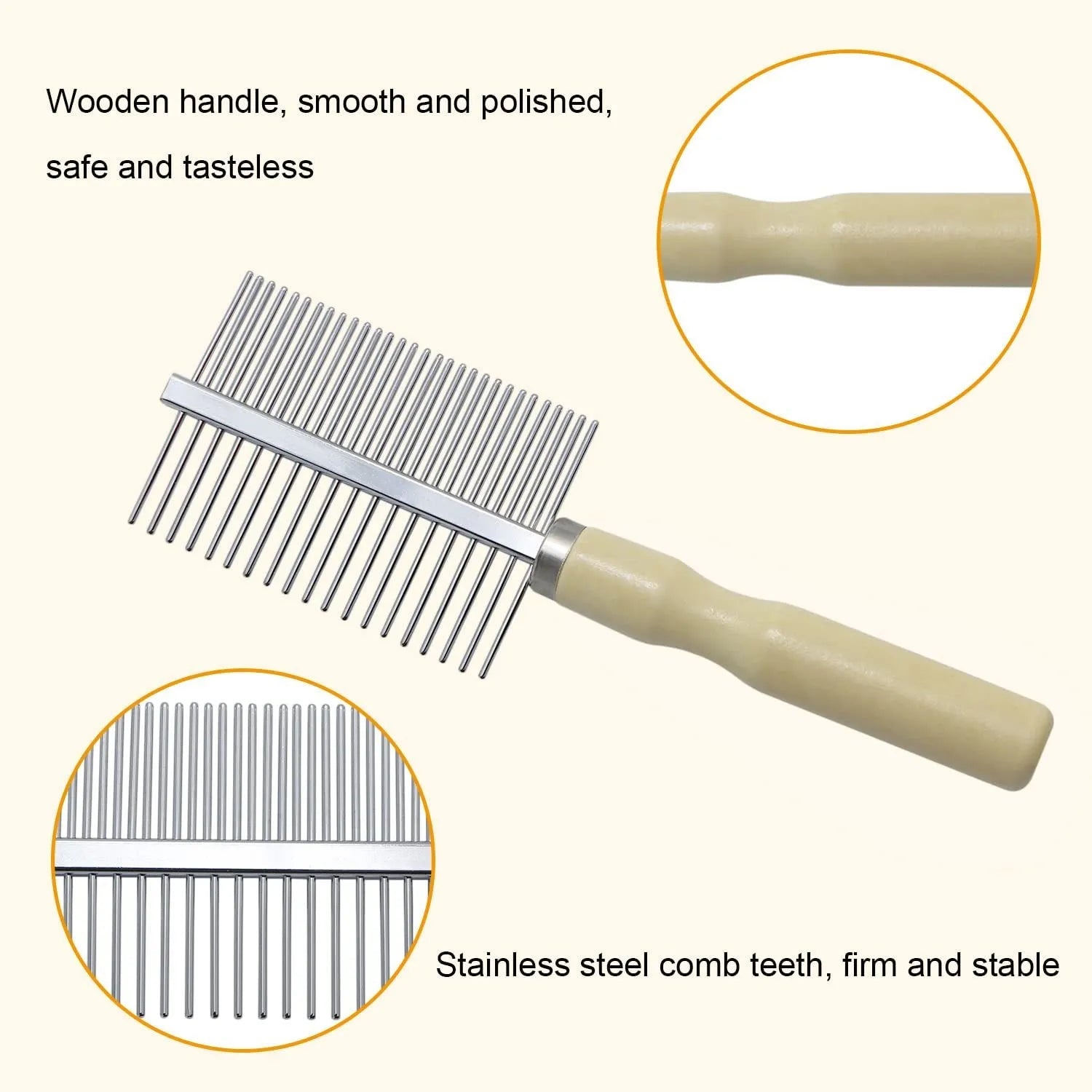 Wooden handle pet grooming comb for dogs and cats, showing rounded teeth.