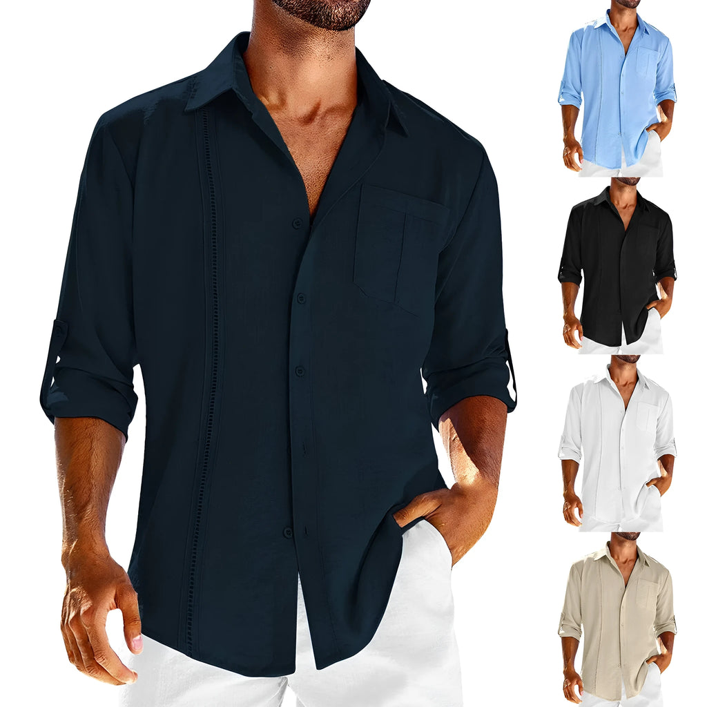 Men's grey long sleeve shirt with polo collar and lace-trimmed chest pocket on solid cotton blend fabric