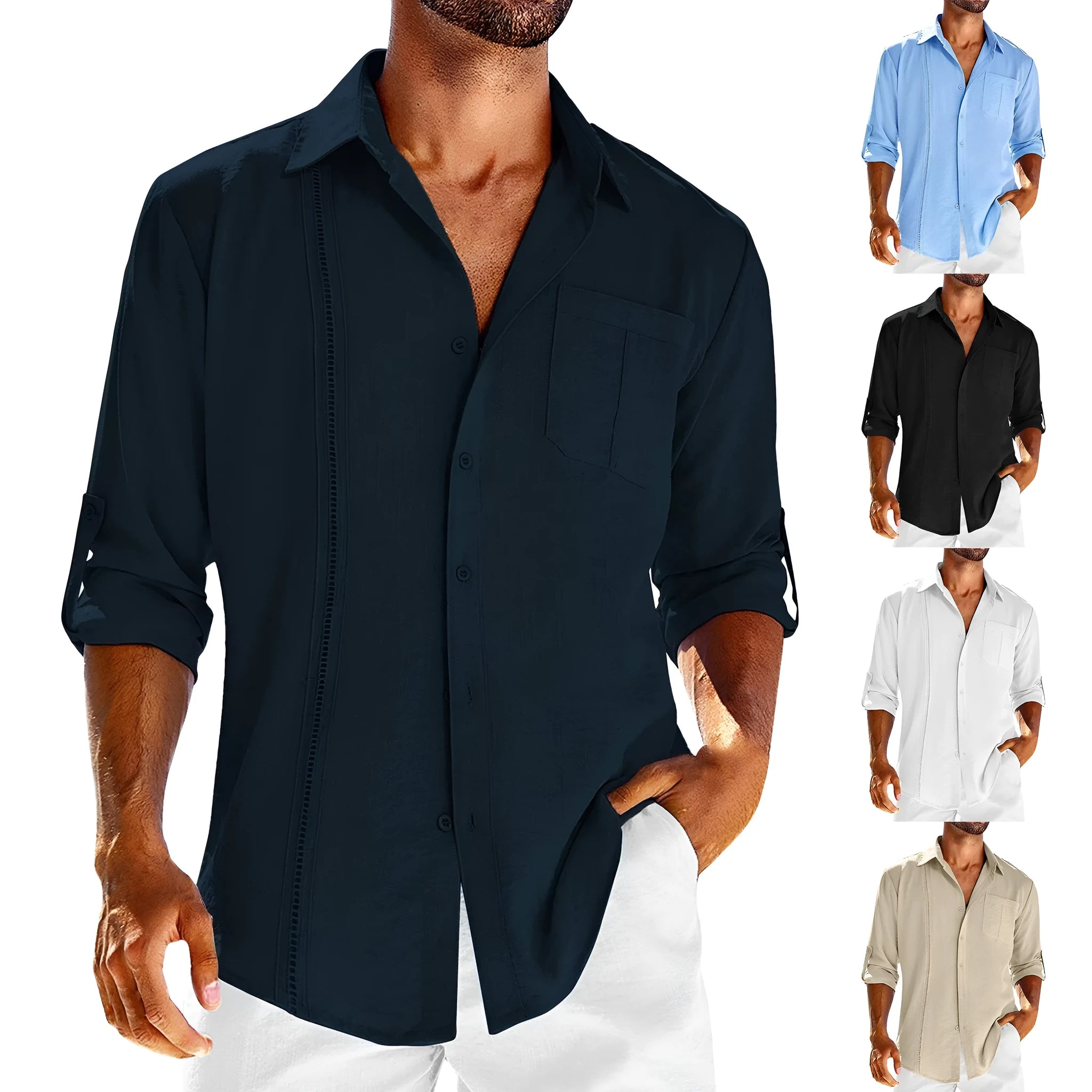 Men's grey long sleeve shirt with polo collar and lace-trimmed chest pocket on solid cotton blend fabric
