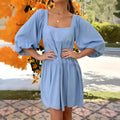 Children's square collar puff sleeve backless pullover dress in orange or light blue with A-line skirt