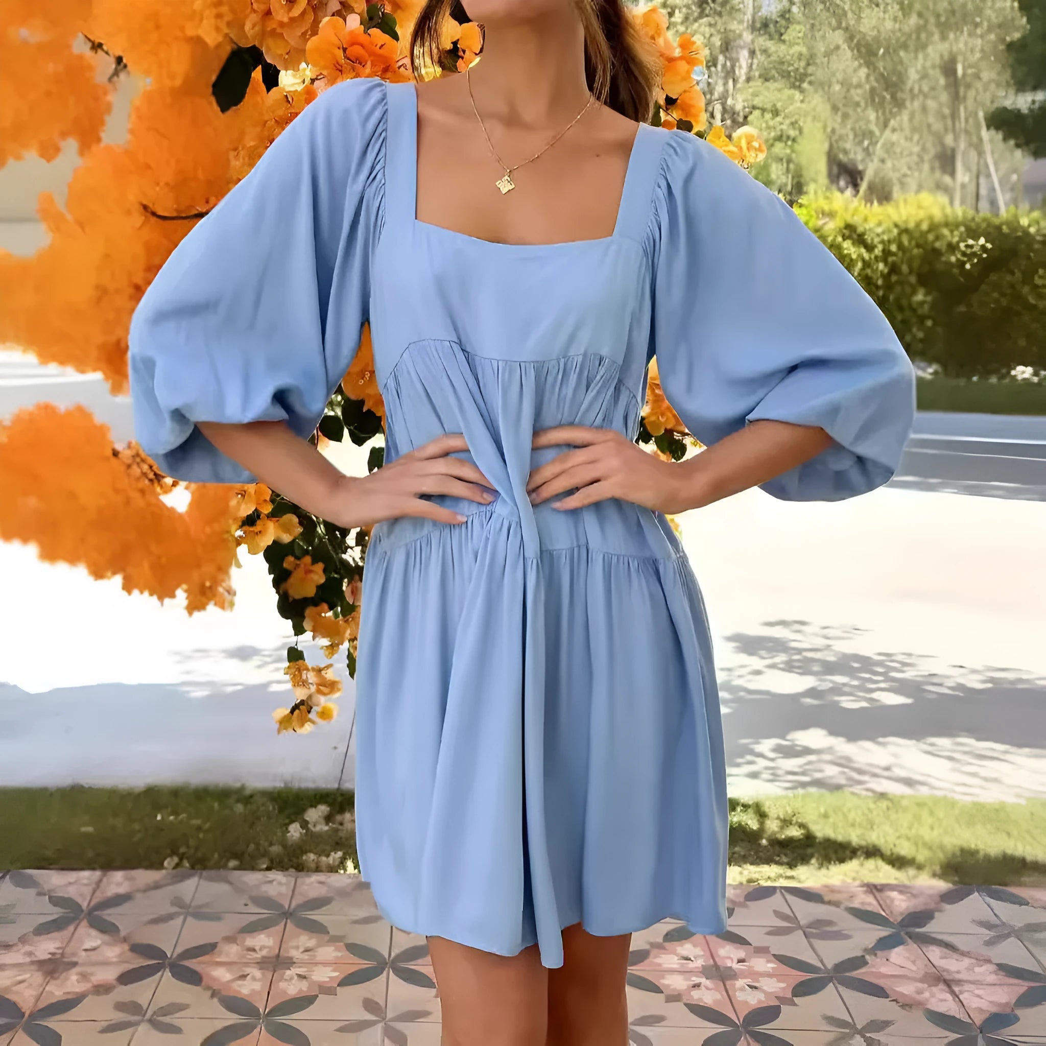 Children's square collar puff sleeve backless pullover dress in orange or light blue with A-line skirt