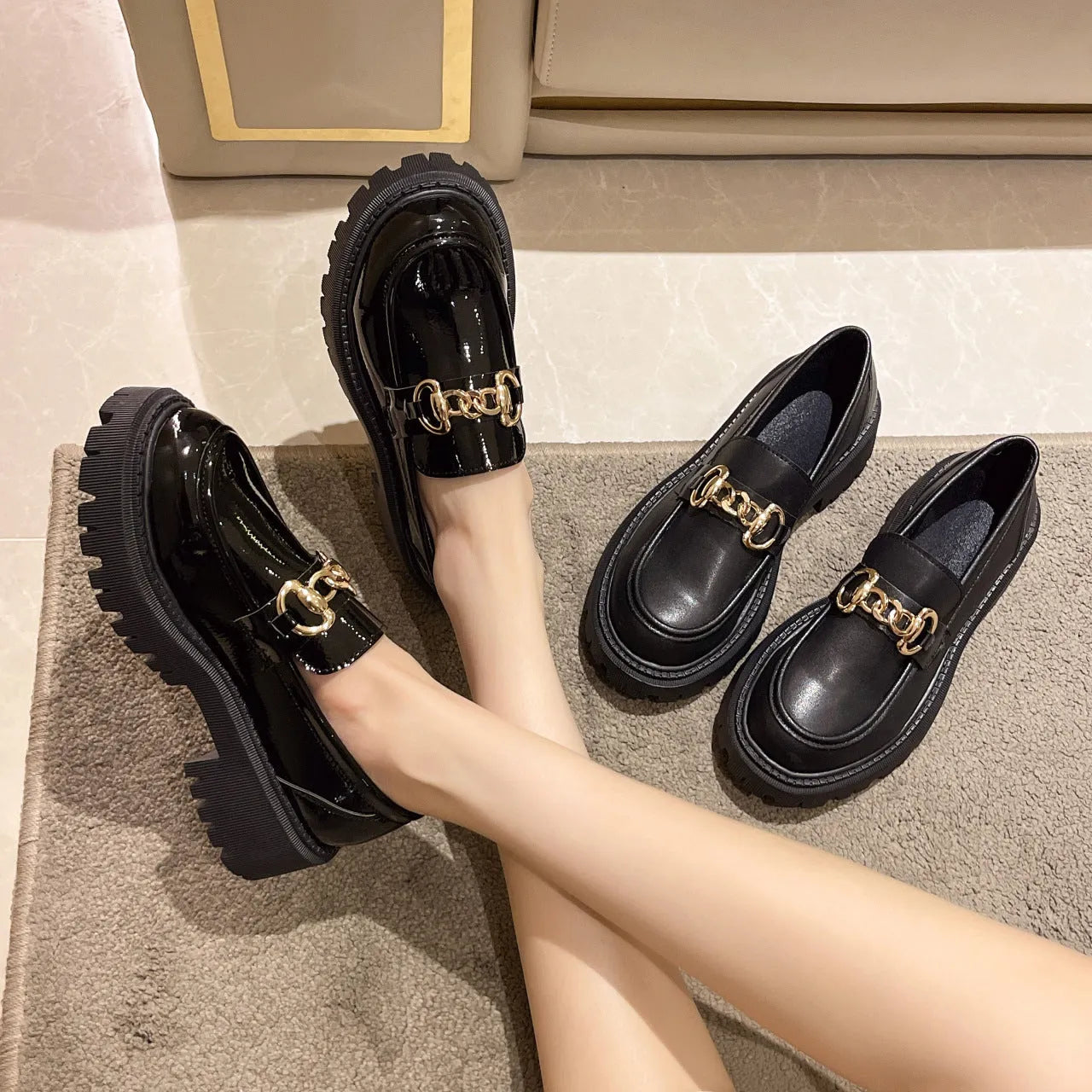 British retro round toe flat heel shoes for women in black glossy finish showing side view