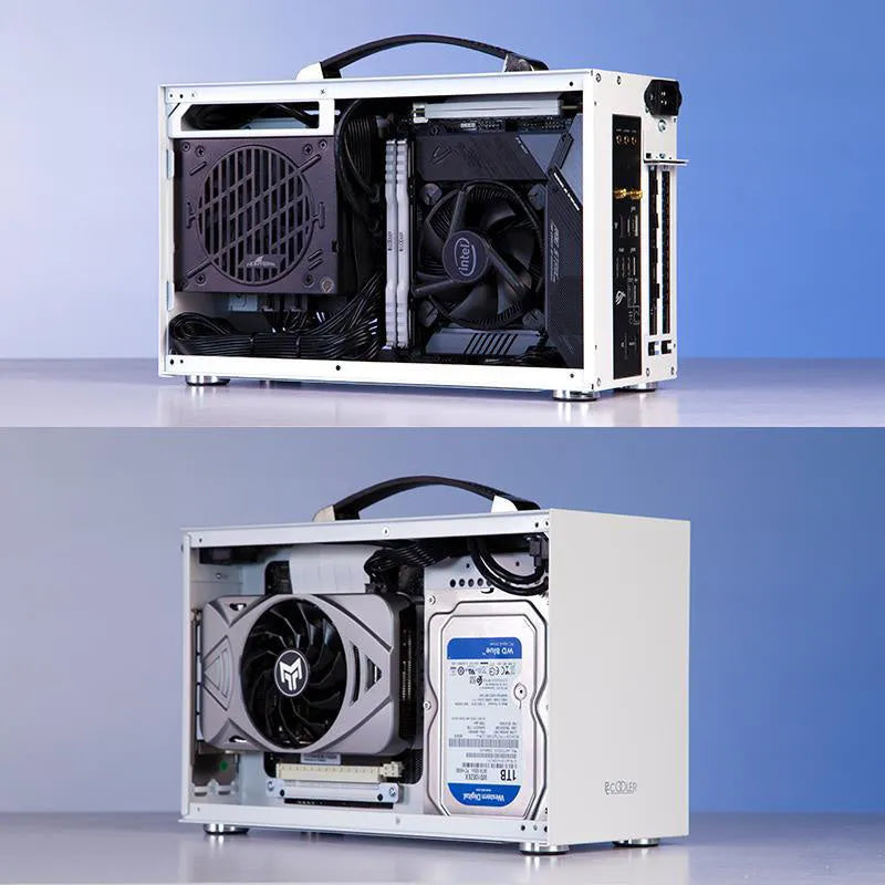 Hummingbird PRO ITX desktop computer chassis in titanium grey and white colour options