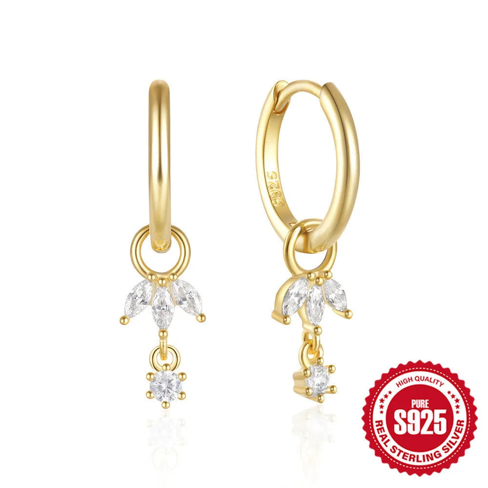 A pair of geometric sunflower drop earrings in sterling silver with inlaid zircon stones, Golden-Three Diamonds colour.