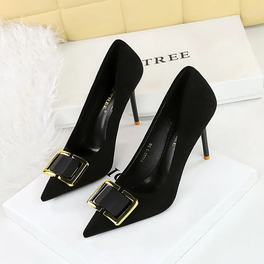 Black suede stiletto heels with 9CM super high heel and pointed toe shape for women