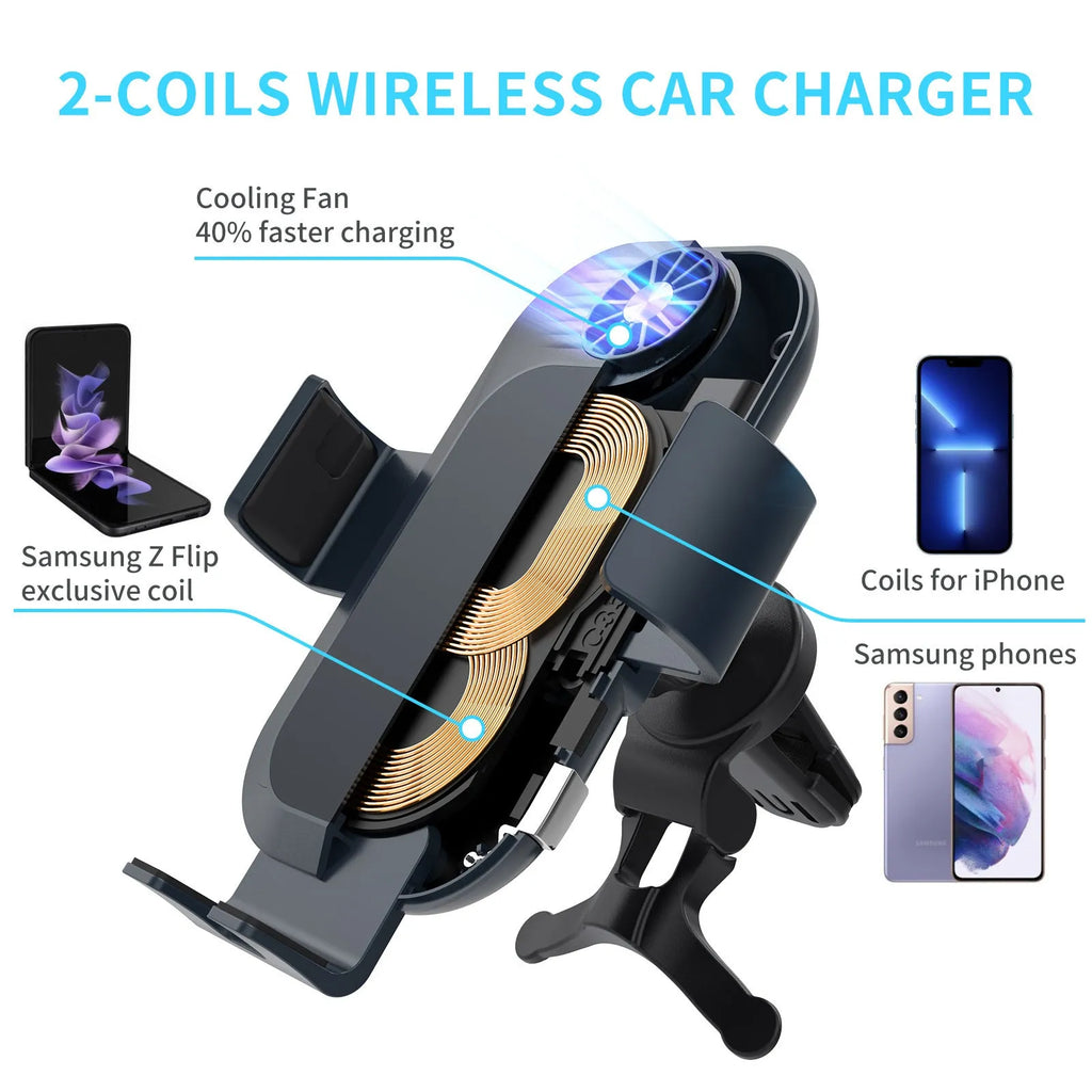 Car wireless charger mobile phone holder with suction cup air outlet mount, matte oil and acrylic lens finish, 15W fast charging
