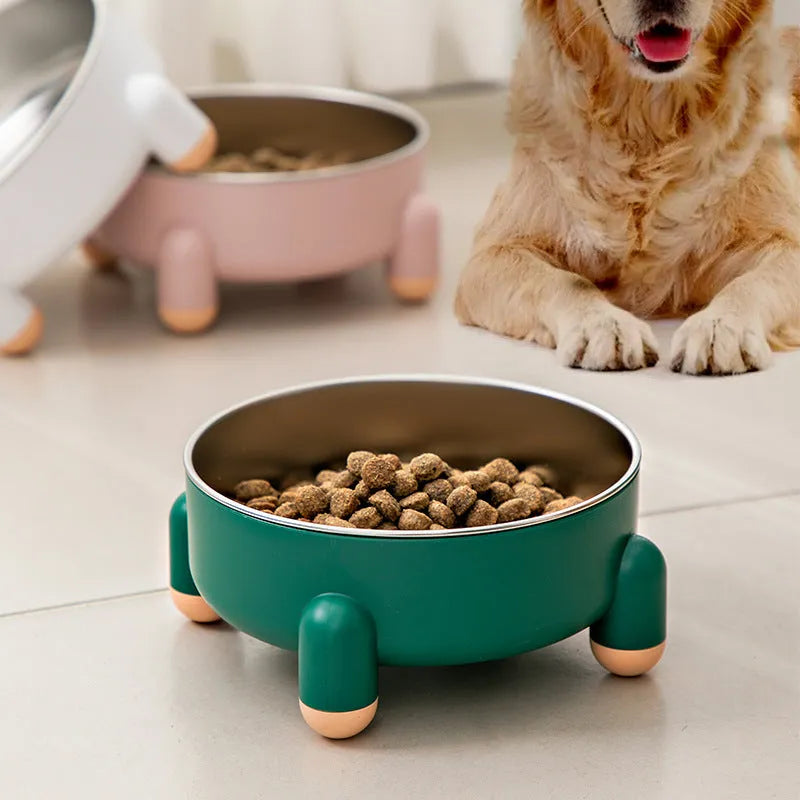 Green non-slip stainless steel raised pet bowl with anti-overturn base for dogs and cats.