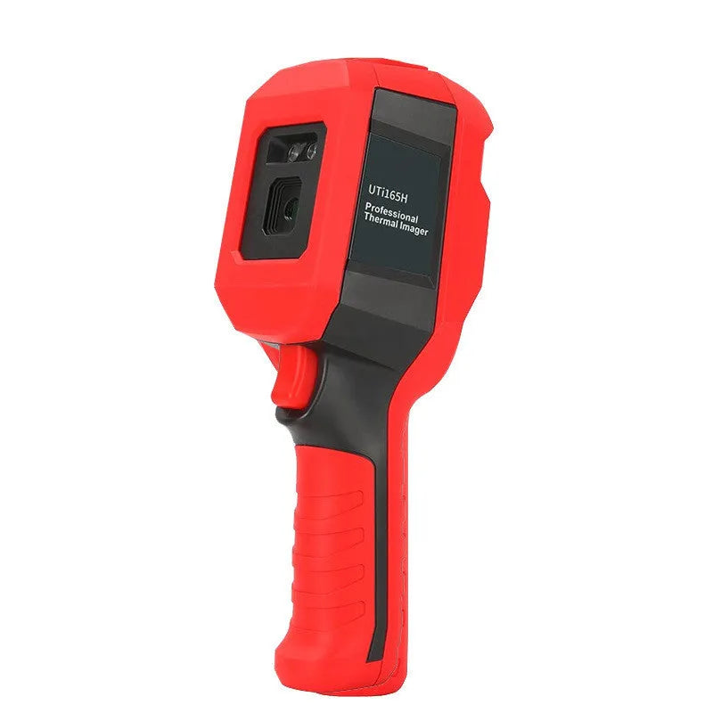 UTi series handheld infrared thermal imaging camera on a workbench with SD card and USB cable.