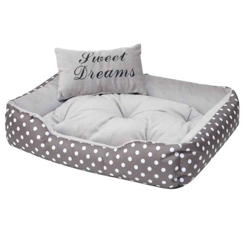 Polka dot printed small dog bed with matching square pillow in rose red, lake blue, pink, or gray