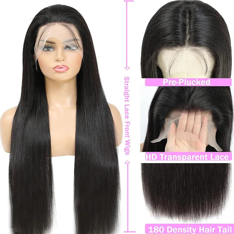 Straight black human hair wig with 13x6 lace front construction on display
