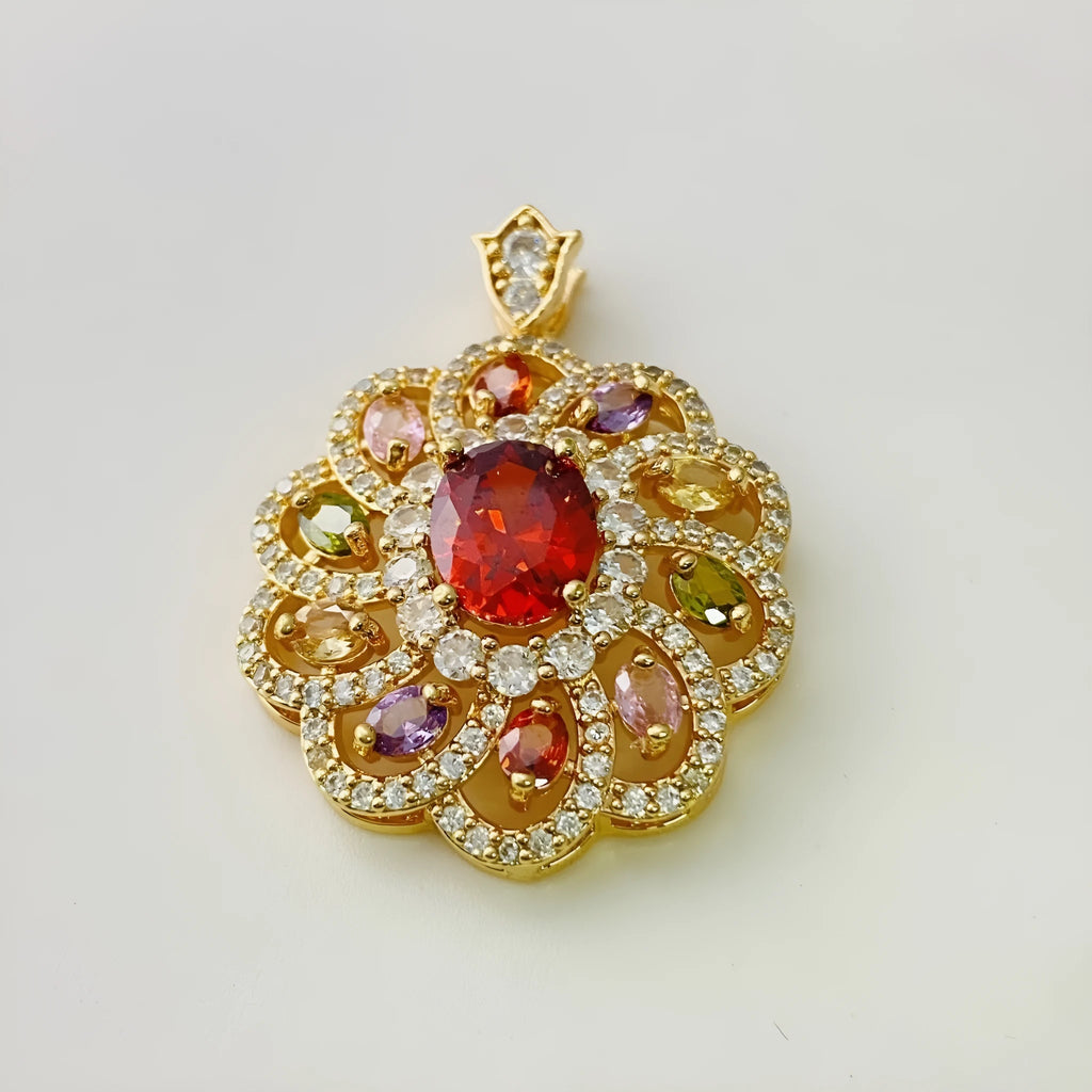 Women's floral pendant necklace with a colourful zircon stone in a gold, champagne gold, or platinum colour metal setting.