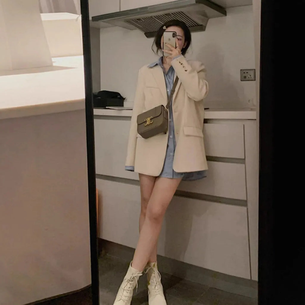 Korean-style fried street small suit jacket in polyester, shown in beige, black, and coffee colours with pockets