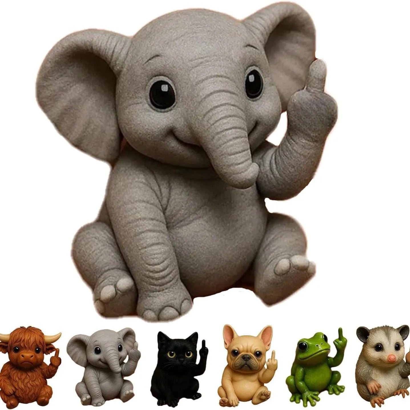 Mini resin animal doll making a vertical middle finger gesture, available in cat, dog, elephant, frog, mouse, turtle, and highland cattle designs.