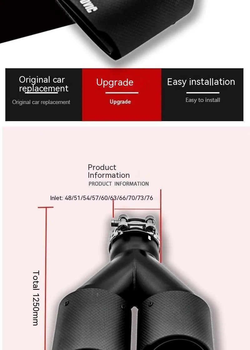 Black carbon fibre car exhaust pipe with double outlet design showing 250mm measurement