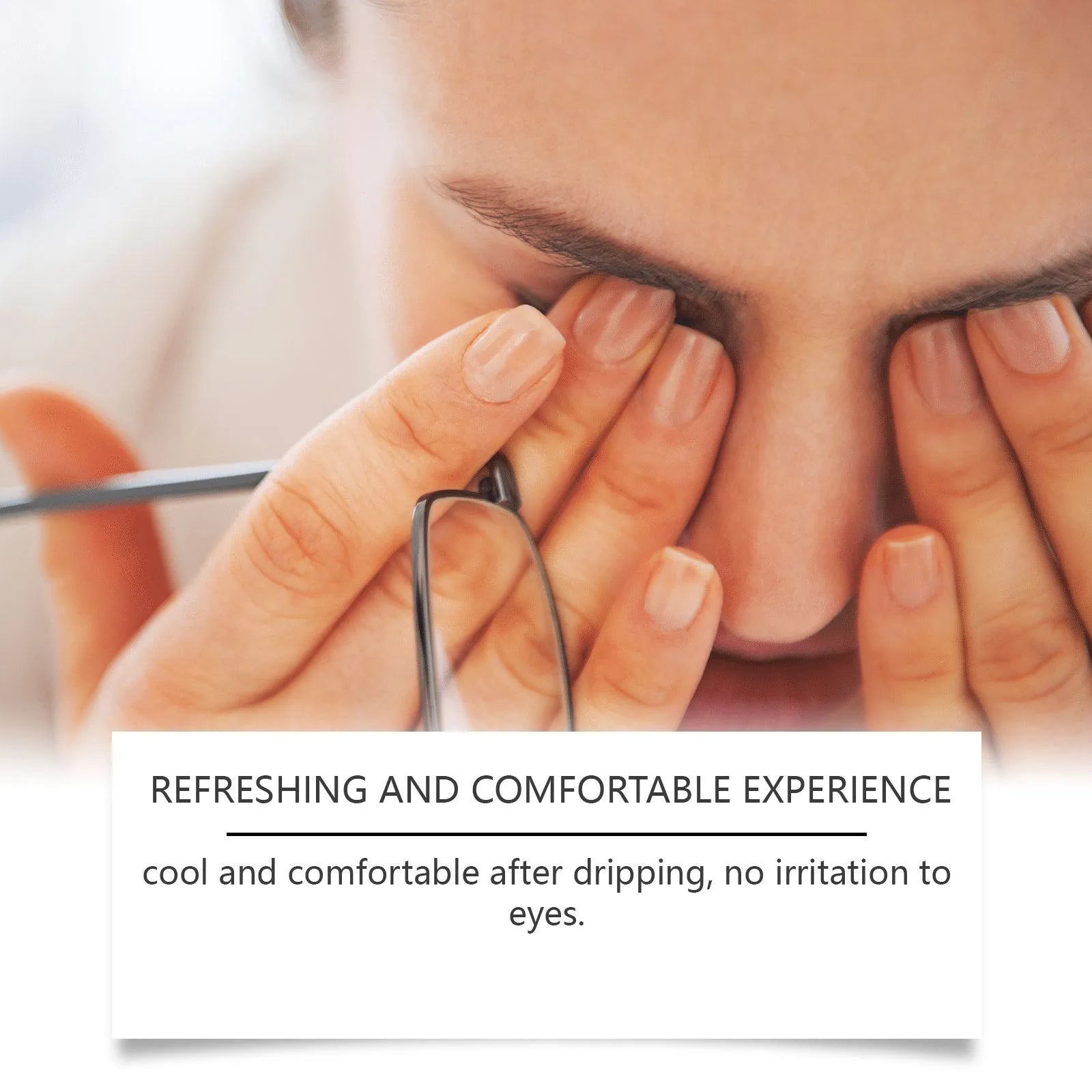 Moisturizing eye drops with mint leaf and sodium hyaluronate in a clear bottle