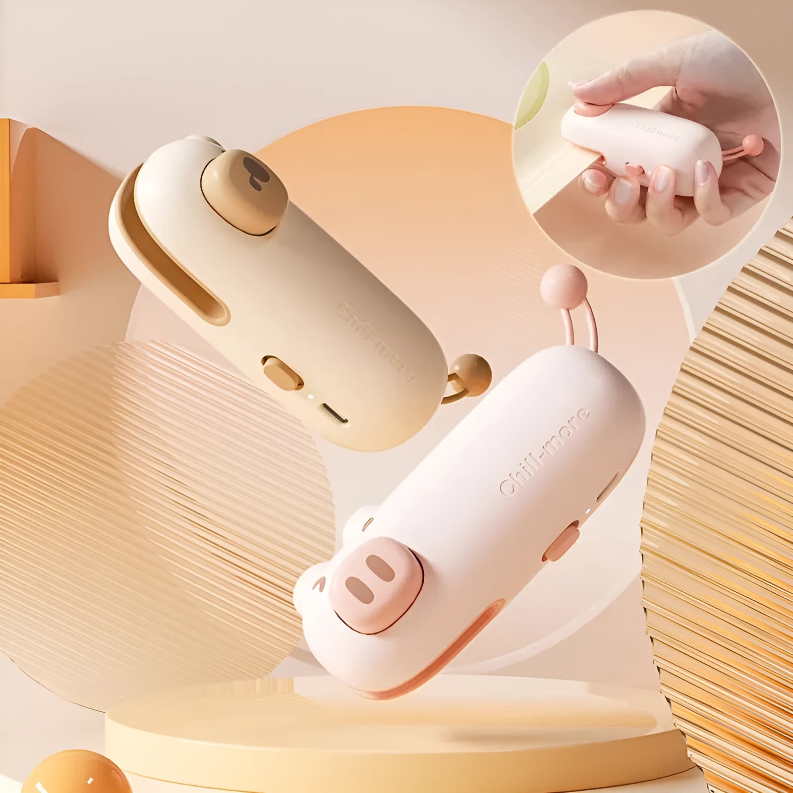 Mini rechargeable bag sealer in coffee bear design sealing a plastic snack bag on a table