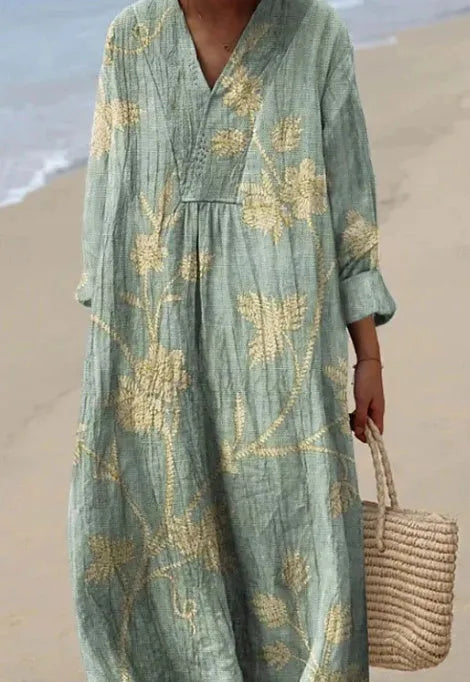 Women's floral shirt dress with 3D printed pattern showing princess silhouette and wide waist design