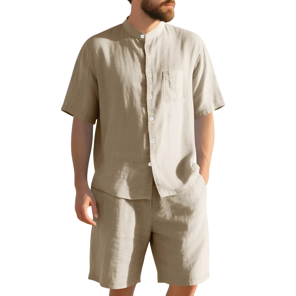 Men's light blue linen blend summer suit with short sleeve shirt jacket and matching shorts